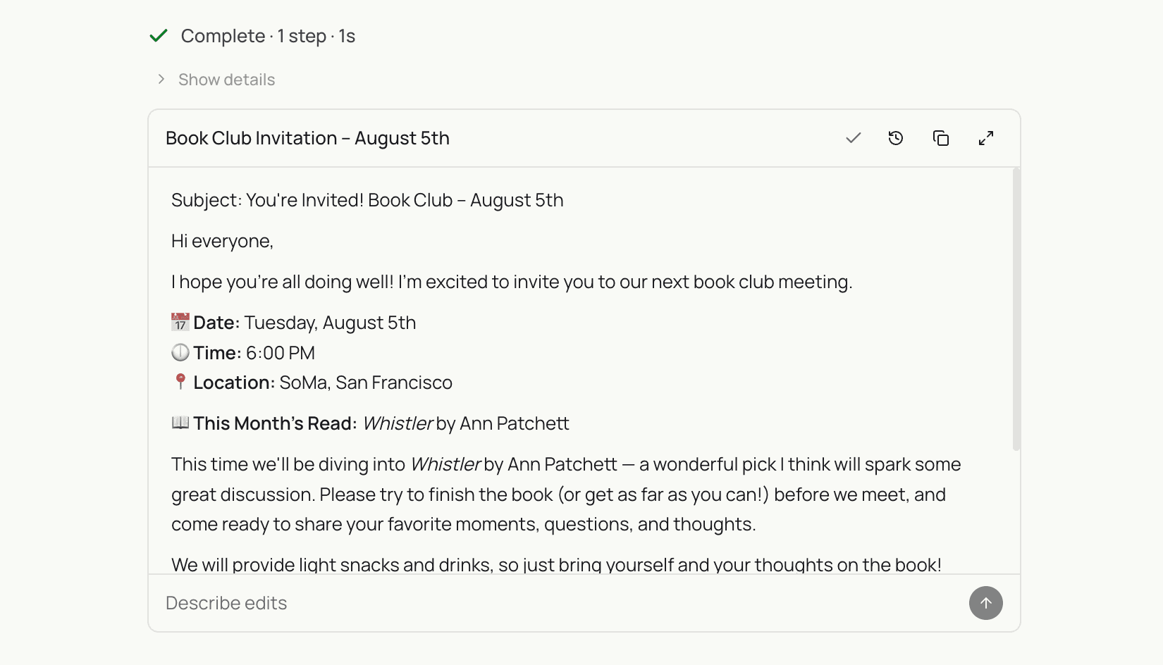 Sai showing an editable draft of a book club invitation inside the chat conversation, with formatting and an inline edit box.